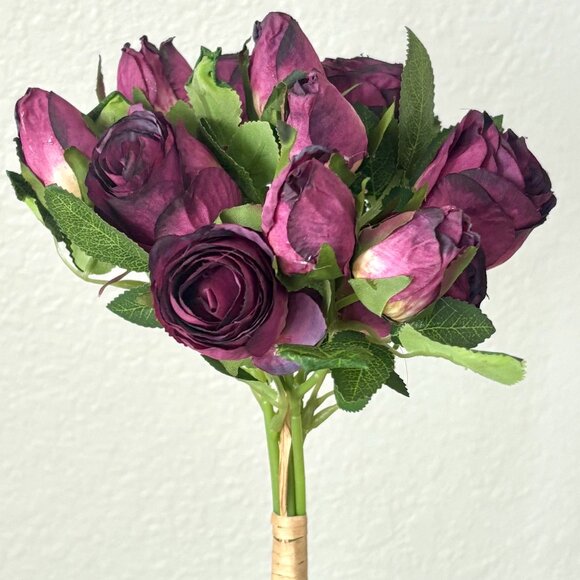13 1/4" Red Purple 12 Bud Faux Artificial Roses Rosebuds Flower Bundle Bouquet - Picture 2 of 5
